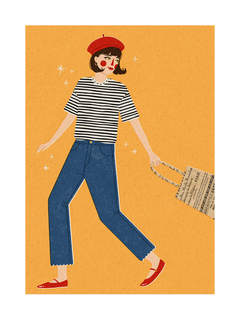 Illustration einer Frau in gestreiftem Oberteil, blauer Hose und roter Baskenmütze vor orangefarbenem Hintergrund.