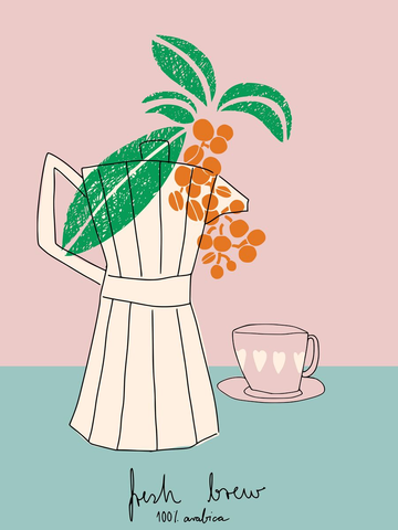 Illustration einer Kaffeekanne mit grünen Blättern und orangefarbenen Kaffeebohnen, daneben eine rosa Kaffeetasse auf einem rosa und blauen Hintergrund.