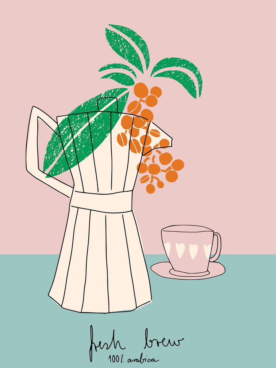 Illustration einer Kaffeekanne mit grünen Blättern und orangefarbenen Kaffeebohnen, daneben eine rosa Kaffeetasse auf einem rosa und blauen Hintergrund.