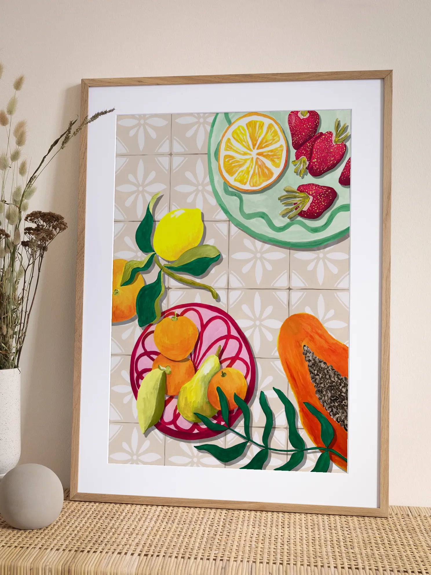 Fresh Fruit On Tiled Table Poster
