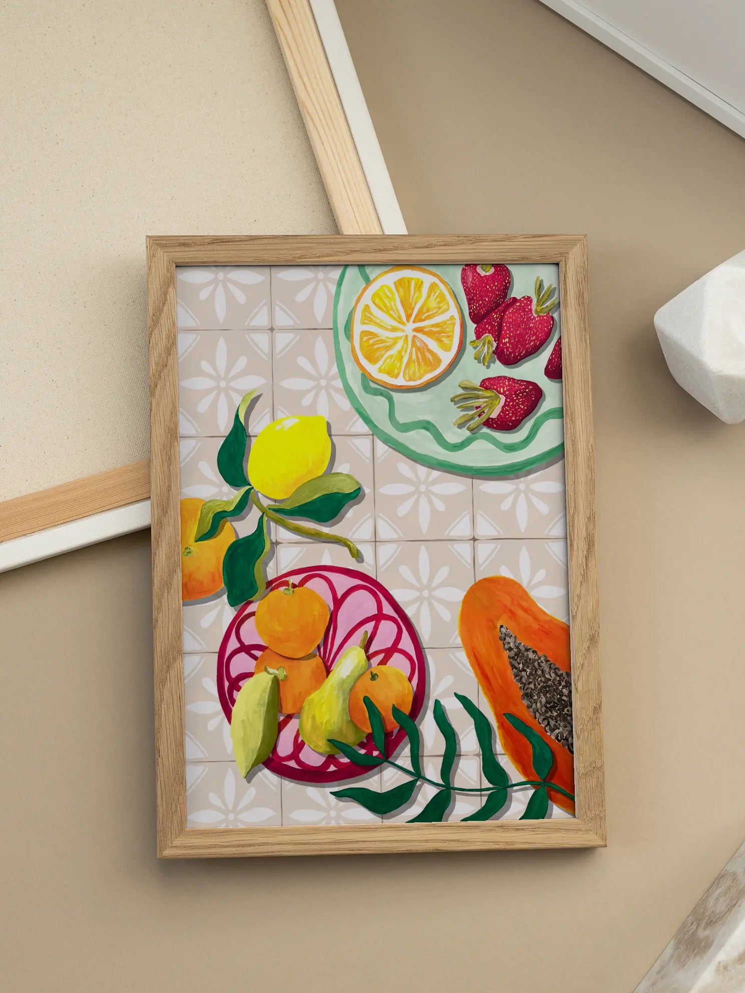Fresh Fruit On Tiled Table Poster