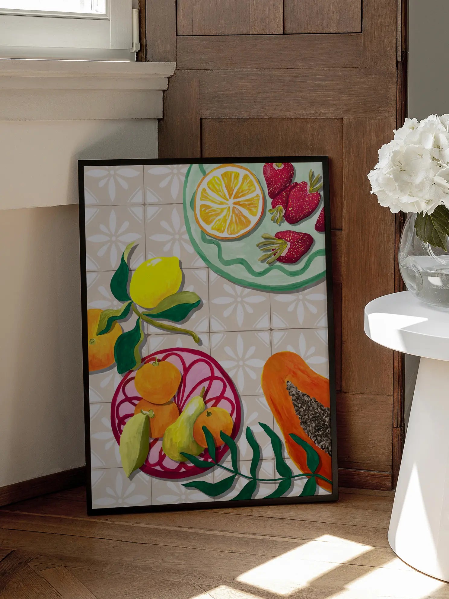 Fresh Fruit On Tiled Table Poster