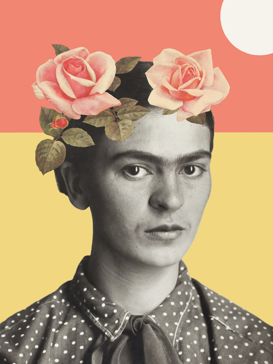 Collage-Poster von Frida Kahlo mit rosa Rosen im Haar vor einem korallenroten und gelben Hintergrund.