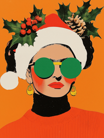 Illustration einer Frau in einem roten Weihnachtsoutfit mit grünen Sonnenbrillen und Weihnachtsmütze vor einem orangefarbenen Hintergrund.
