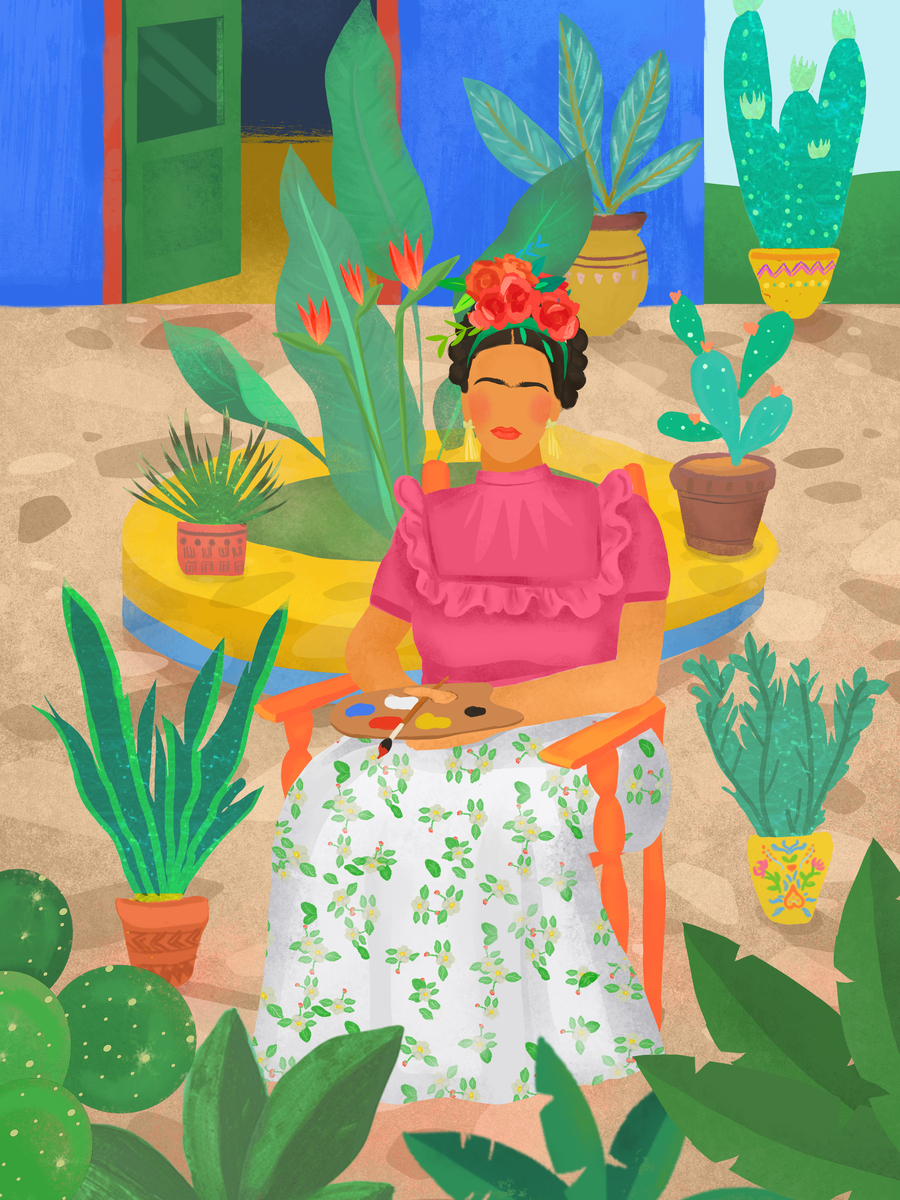 Illustration einer Frau in einem Garten, umgeben von Pflanzen, mit pinkem Oberteil und Blumen im Haar.