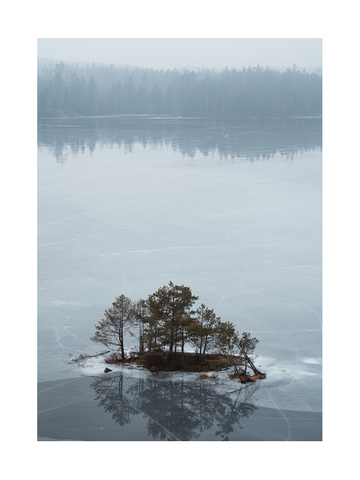 Fotografie einer kleinen Insel mit Bäumen auf einem gefrorenen See, mit nebligem Wald im Hintergrund.
