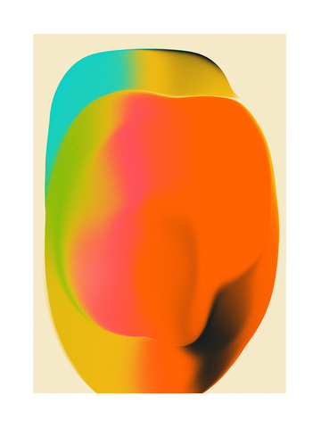 Abstraktes Poster mit buntem Muster in Form eines Apfels auf beigem Hintergrund.
