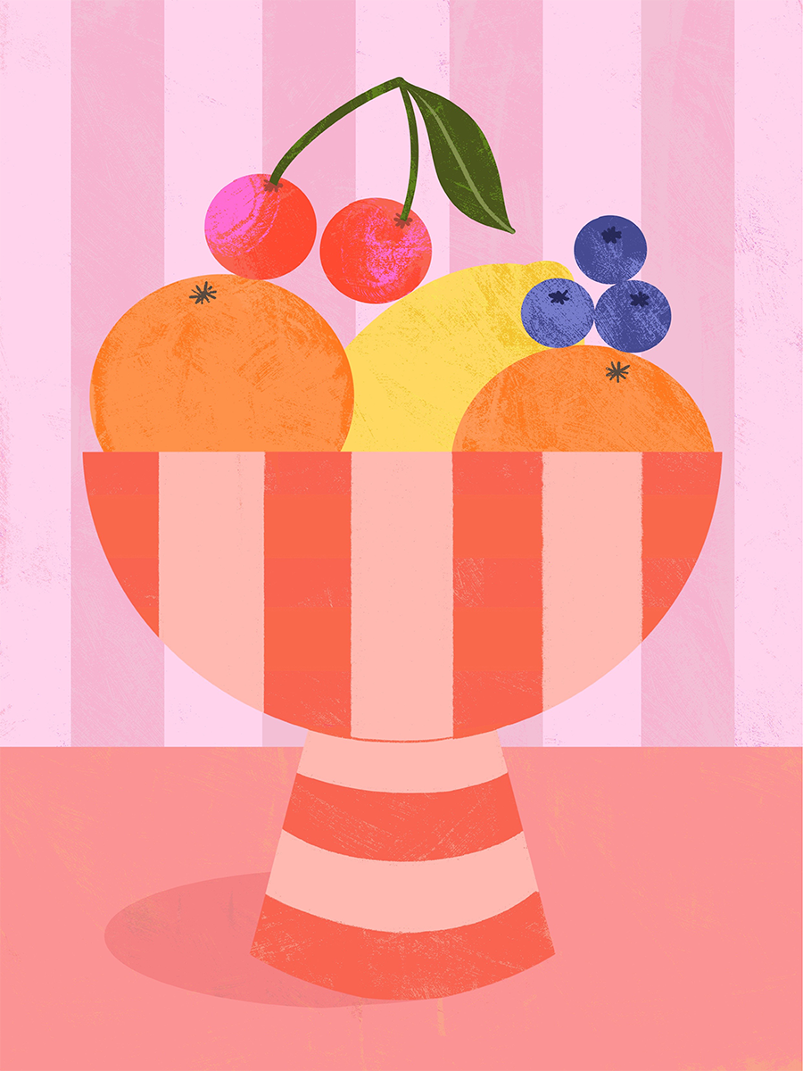 Illustration einer Schale mit buntem Obst vor einem gestreiften rosa Hintergrund.