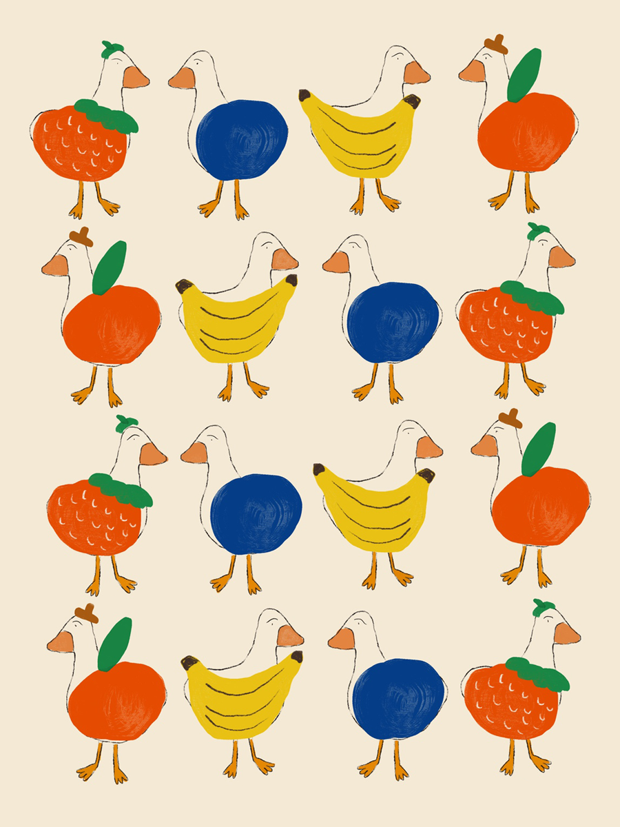 Illustration von Gänsen mit Körpern in Form von Früchten in Blau, Rot, Gelb und Orange auf hellem Hintergrund.