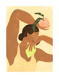 Illustration einer Frau mit Obst in den Händen auf gelbem Hintergrund.