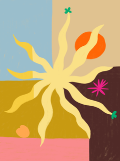 Grafische Illustration einer gelben Blume mit orangefarbenem Kreis auf mehrfarbigem Hintergrund.