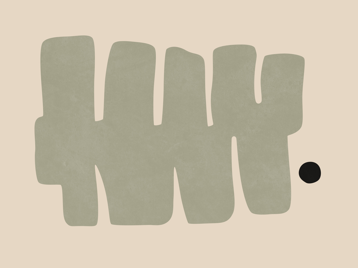 Grafische Illustration mit einer großen grünen abstrakten Form und einem kleinen schwarzen Kreis auf beigefarbenem Hintergrund.