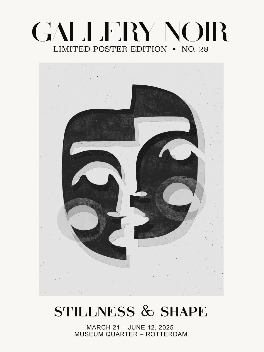 Grafische Illustration eines abstrakten Gesichts in Schwarz und Weiß mit Texten oben und unten.