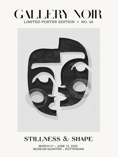 Grafische Illustration eines abstrakten Gesichts in Schwarz und Weiß mit Texten oben und unten.