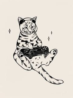 Illustration einer Katze mit Kopfhörern, die einen Videospiel-Controller hält.
