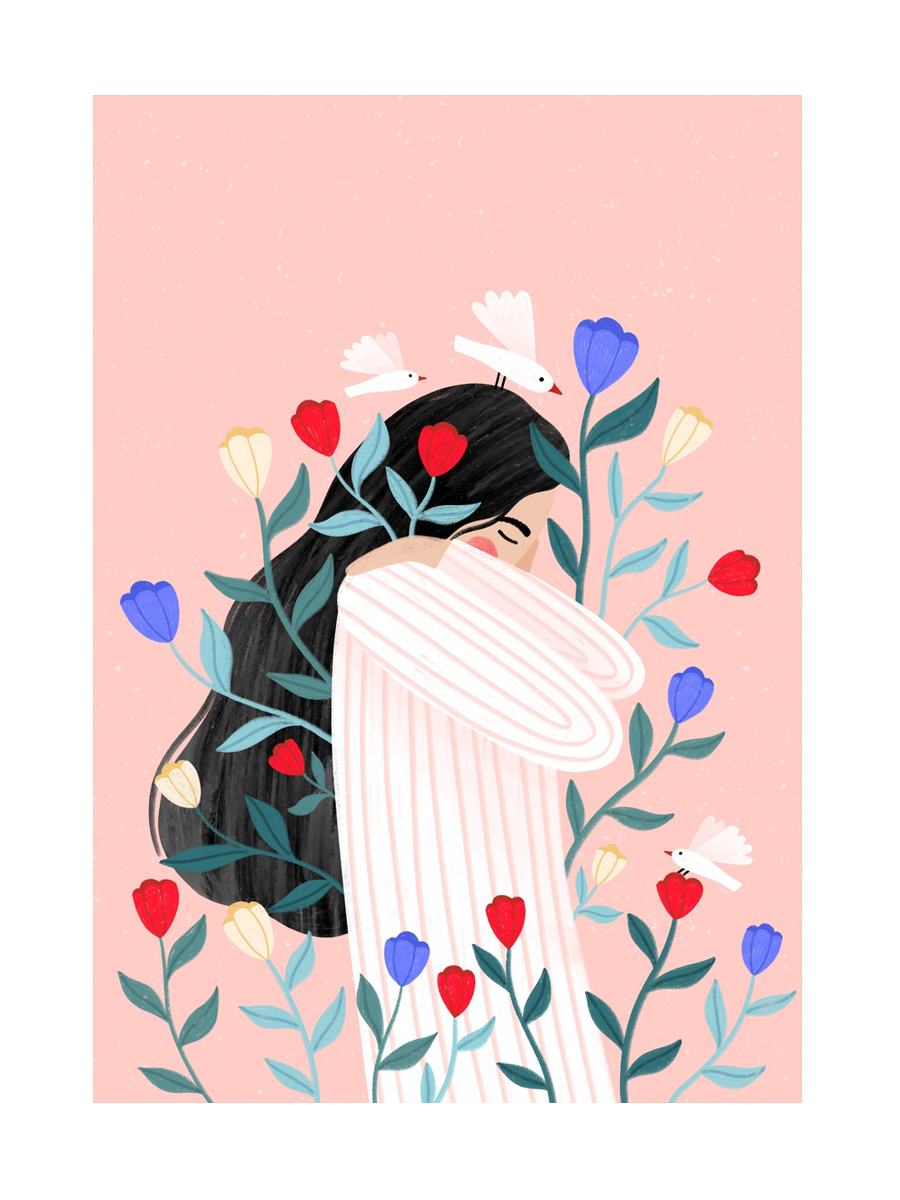 Illustration einer Frau in einem gestreiften Pullover, umgeben von bunten Blumen und weißen Vögeln auf rosa Hintergrund.