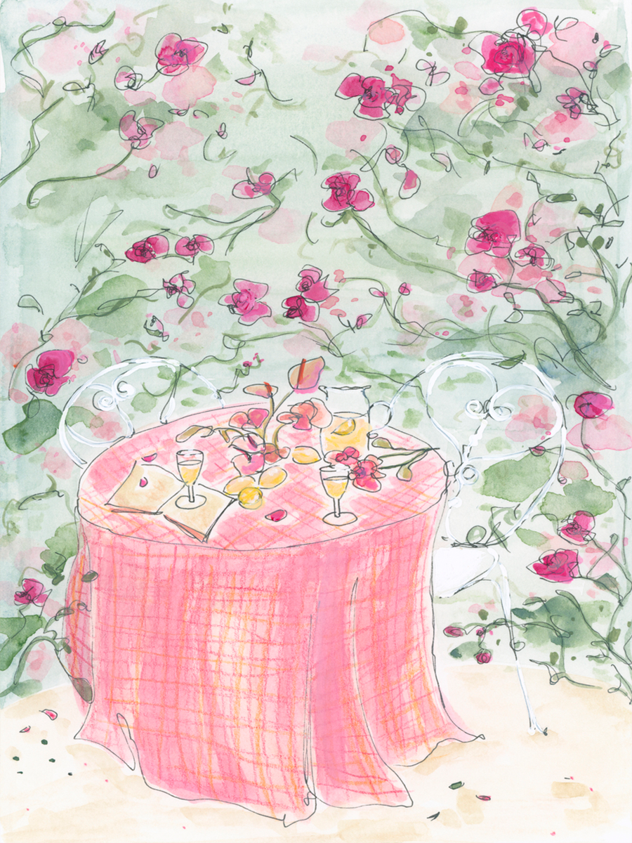 Illustration eines Tisches mit rosafarbener Tischdecke und rosa Blumen.