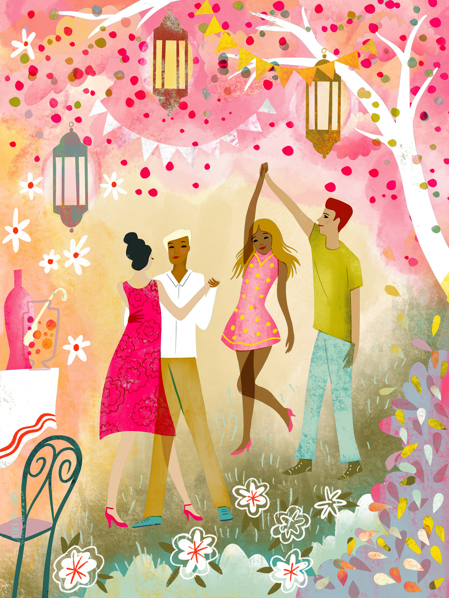 Illustration einer Gartenparty mit tanzenden Paaren, Laternen und Blumen in Rosa- und Grüntönen.