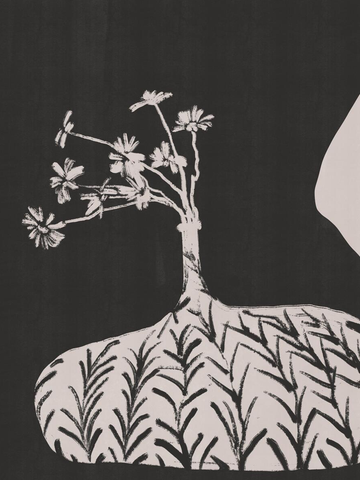 Grafische Illustration eines Baums mit Blumen auf einem gemusterten Felsen vor schwarzem Hintergrund.