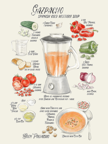 Poster mit einem Rezept für Gazpacho in Schwarz-Weiß-Design.