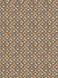 Geometrisches Blumenmuster in Lila, Rosa und Orange auf dunkelgrünem Hintergrund.