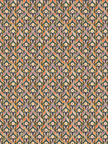 Geometrisches Blumenmuster in Lila, Rosa und Orange auf dunkelgrünem Hintergrund.