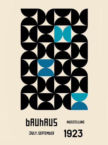 Grafische Illustration mit schwarzen und blauen Formen auf beigefarbenem Hintergrund und dem Text Bauhaus Ausstellung 1923.