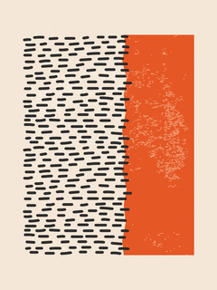Grafische Illustration mit einem rechteckigen Muster in Schwarz und Beige neben einem orangefarbenen Rechteck.