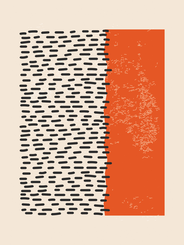 Grafische Illustration mit einem rechteckigen Muster in Schwarz und Beige neben einem orangefarbenen Rechteck.