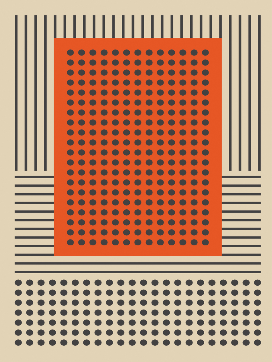 Grafische Illustration mit schwarzen Punkten und Linien auf beigem Hintergrund im Bauhaus-Stil.