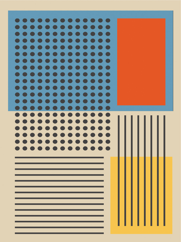 Grafische Formen in Blau, Rot und Gelb mit schwarzen Punkten und Linien auf beigem Hintergrund.