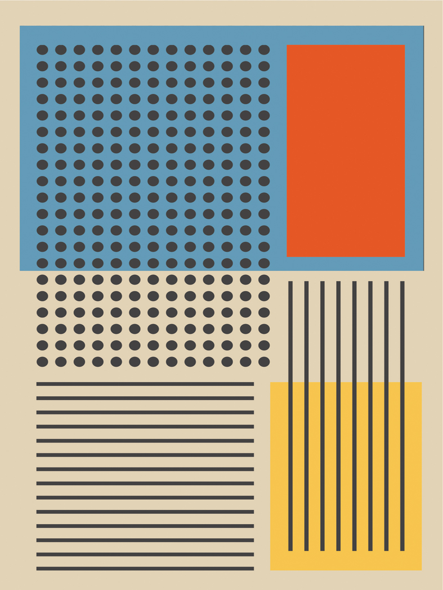 Grafische Formen in Blau, Rot und Gelb mit schwarzen Punkten und Linien auf beigem Hintergrund.