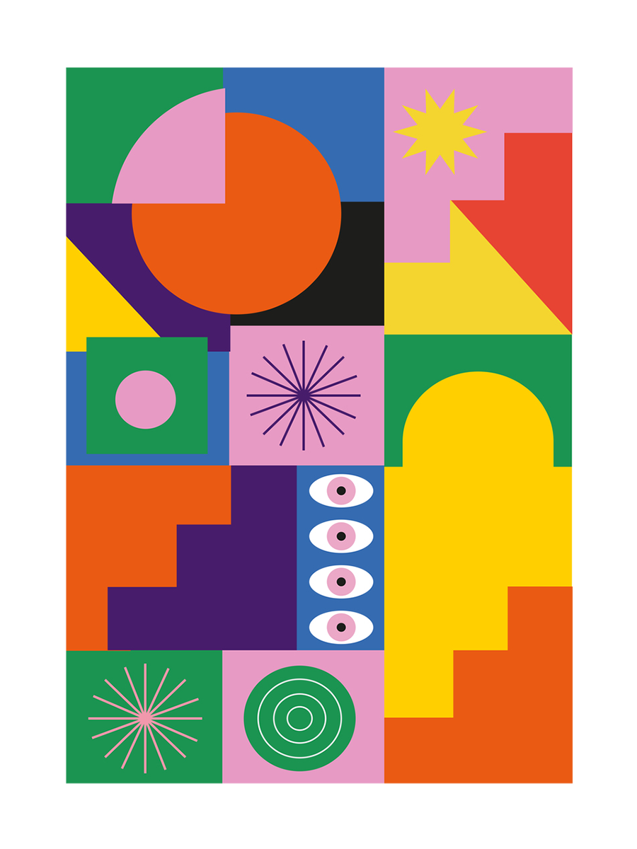 Poster mit bunten geometrischen Formen und Augen in einer Reihe.