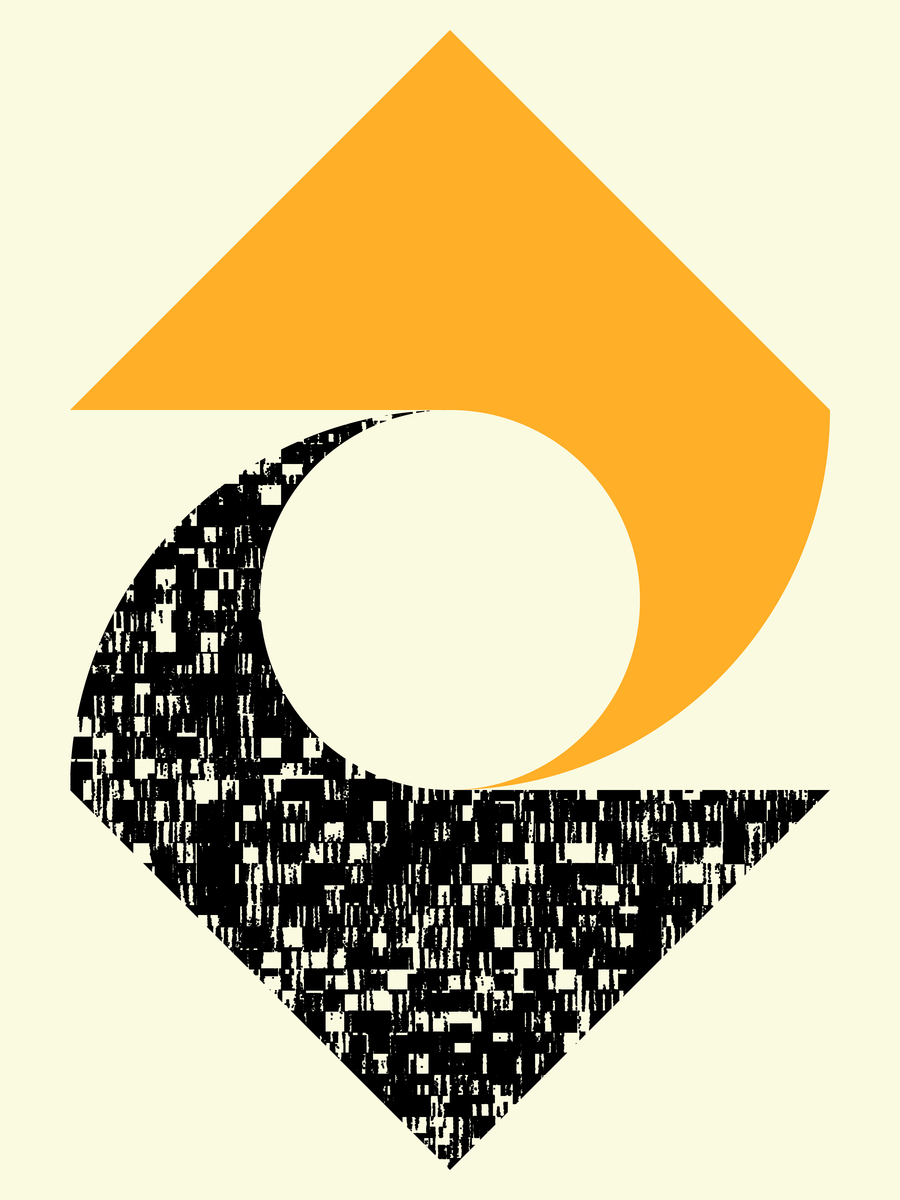 Grafisches Poster mit gelber und schwarzer Figur auf beigem Hintergrund.