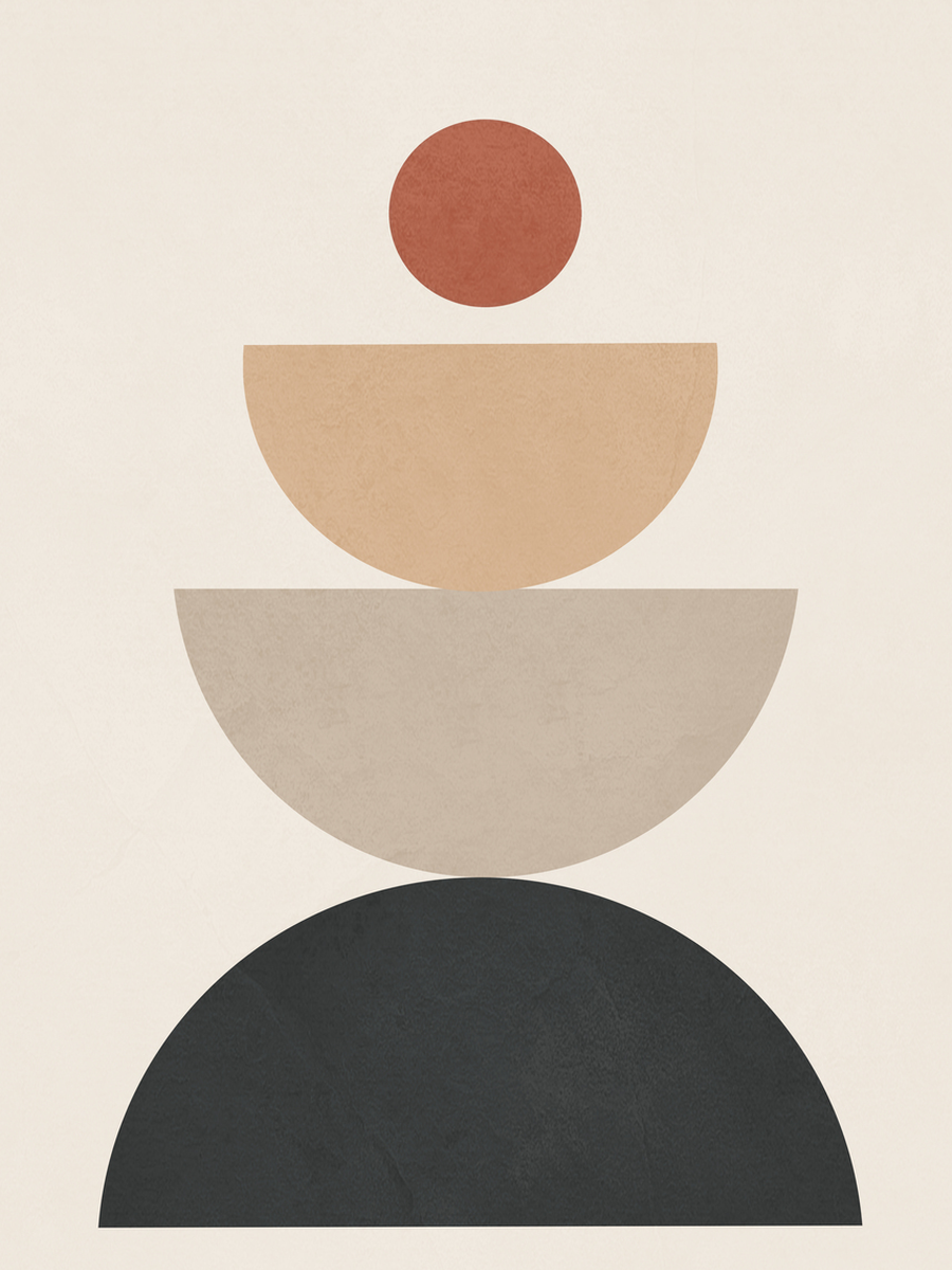 Grafische Illustration mit einem Kreis und Halbkreisen in Rot, Beige und Schwarz auf hellbeigem Hintergrund.