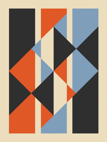 Geometrisches Poster im Bauhaus-Stil mit Dreiecken in Rot, Blau, Schwarz und Beige.