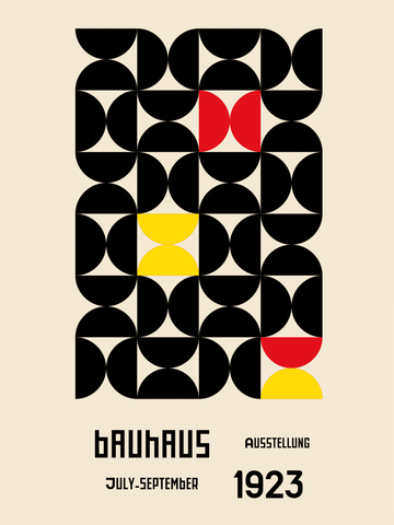 Grafische Formen in Schwarz, Rot und Gelb mit Text in Schwarz auf beigem Hintergrund.