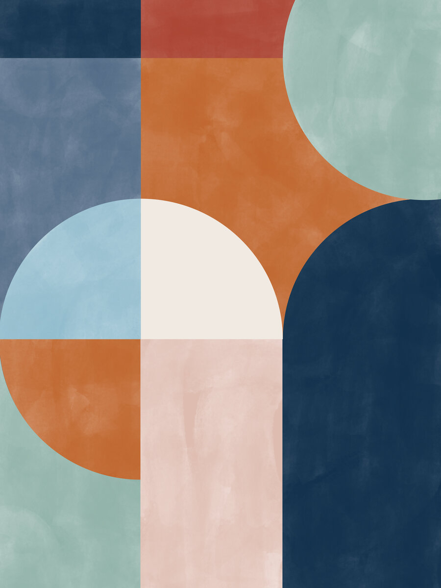 Grafische Kunst mit Halbkreisen und Quadraten in verschiedenen Farben.