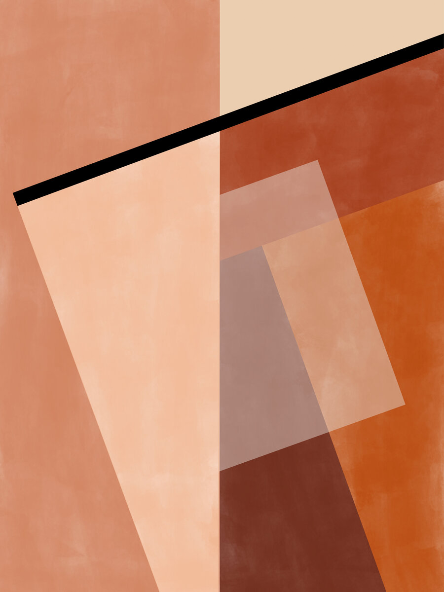 Grafische Illustration mit geometrischen Formen in Schwarz und Beige auf einem orangefarbenen Hintergrund.