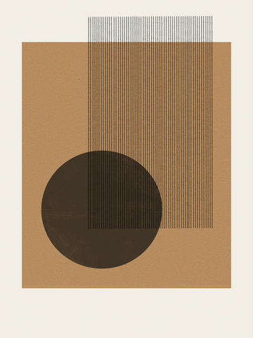 Grafische Kunst mit schwarzer Scheibe und Linien auf braunem Quadrat vor beigem Hintergrund.