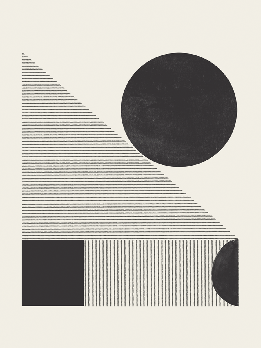 Grafische Illustration mit geometrischen Formen und Linien in Schwarz auf hellbeigem Hintergrund.