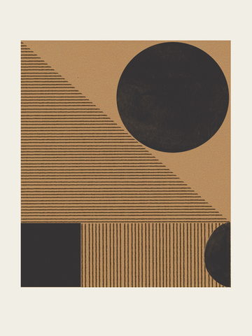 Grafische Illustration mit einem schwarzen Kreis, Quadrat und braunen Formen mit Streifen auf beigem Hintergrund.