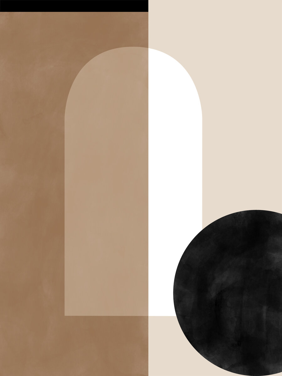 Grafische Illustration mit geometrischen Formen in Schwarz, Weiß und Braun.