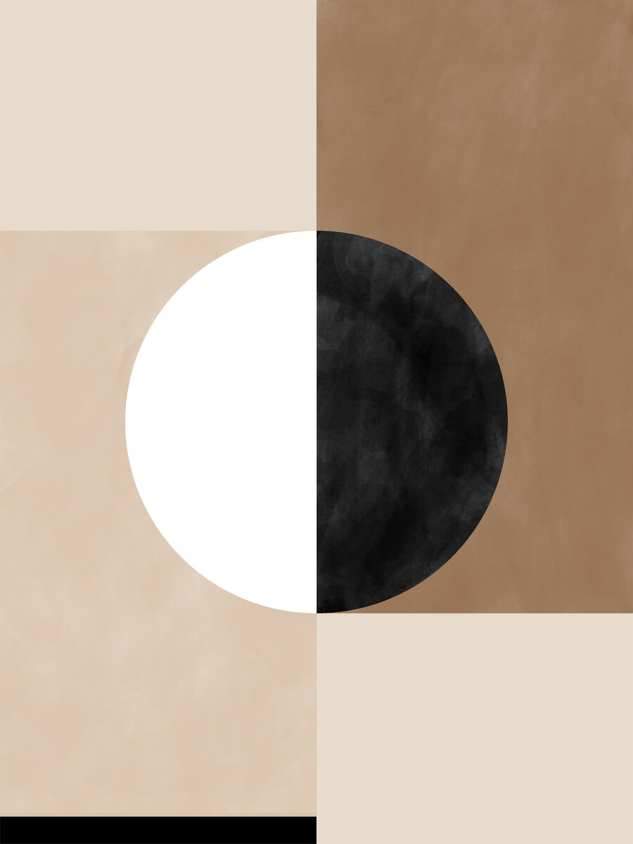 Grafik mit zwei Kreisen in Schwarz und Weiß auf einem beigen Hintergrund mit Quadraten.