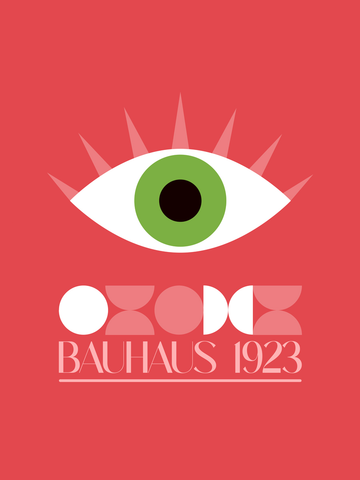 Grafik eines grünen Auges mit schwarzem Kreis auf rotem Hintergrund und der Aufschrift Bauhaus 1923.