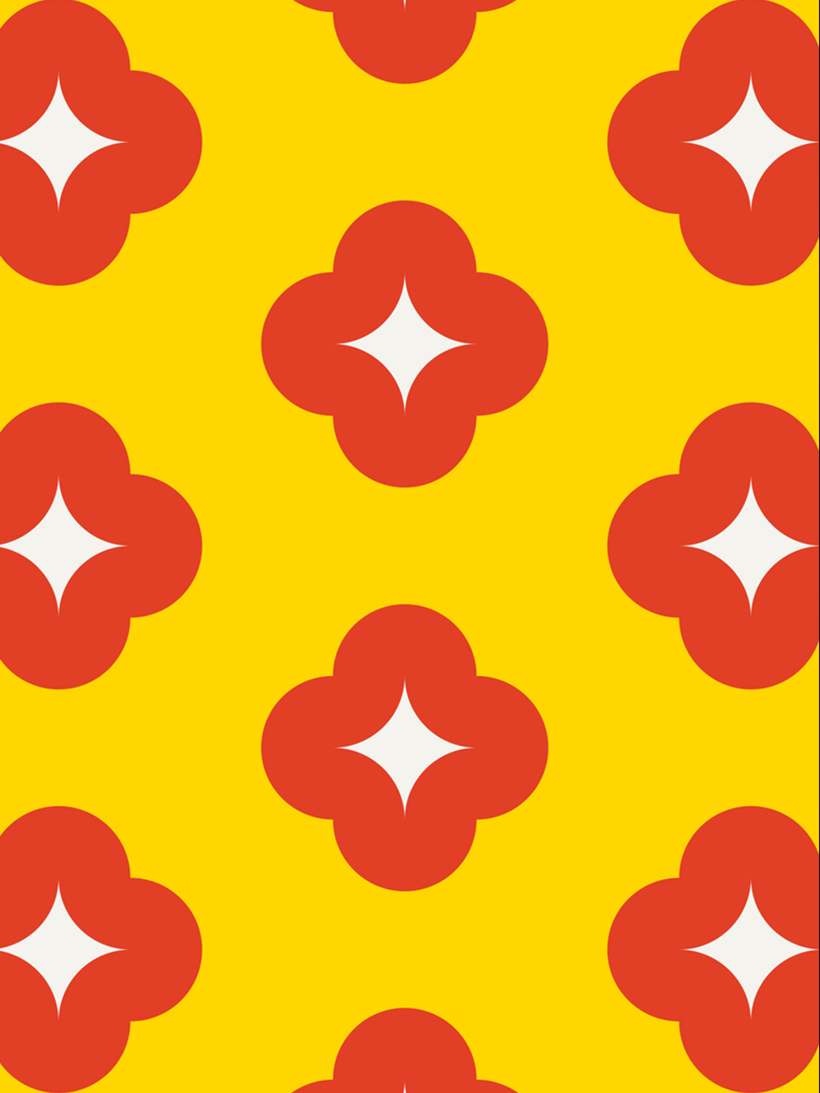 Leuchtend gelbes Poster mit rotem geometrischem Muster.