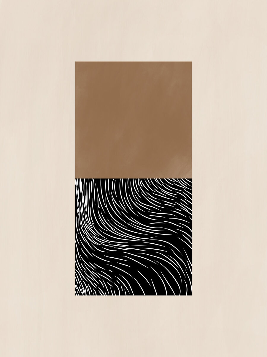 Grafik mit einem braunen Quadrat und einem schwarz-weißen Quadrat mit Linien auf beigem Hintergrund.