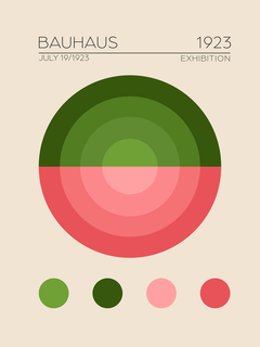 Grafische Illustration mit einem Kreis in Grün und Rosa auf beigem Hintergrund mit Text oben und unten.