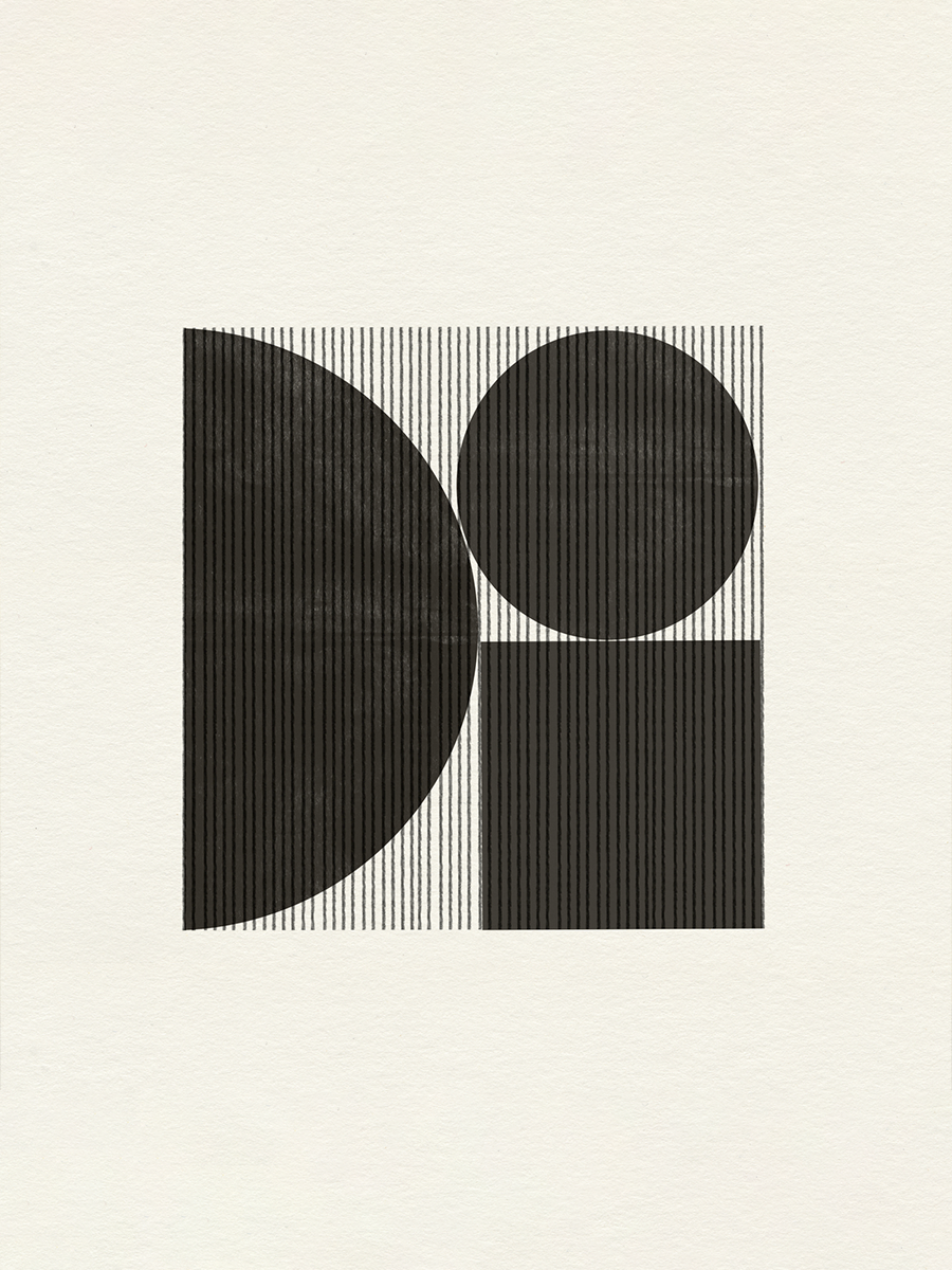 Grafische Illustration mit geometrischen Formen und Linien in Schwarz und Weiß auf beigem Hintergrund.