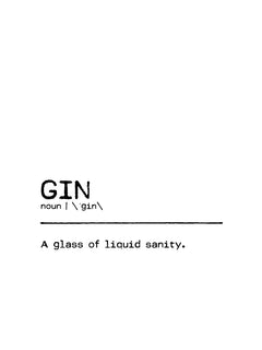 Poster mit der Definition von Gin: "A glass of liquid sanity" in Schwarz auf weißem Hintergrund.